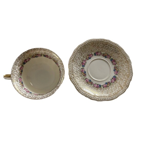 Vintage Rosenthal Bavaria Ivory Germany Floral Footed Tea Cup Saucer Gold Accent - Picture 2 of 12